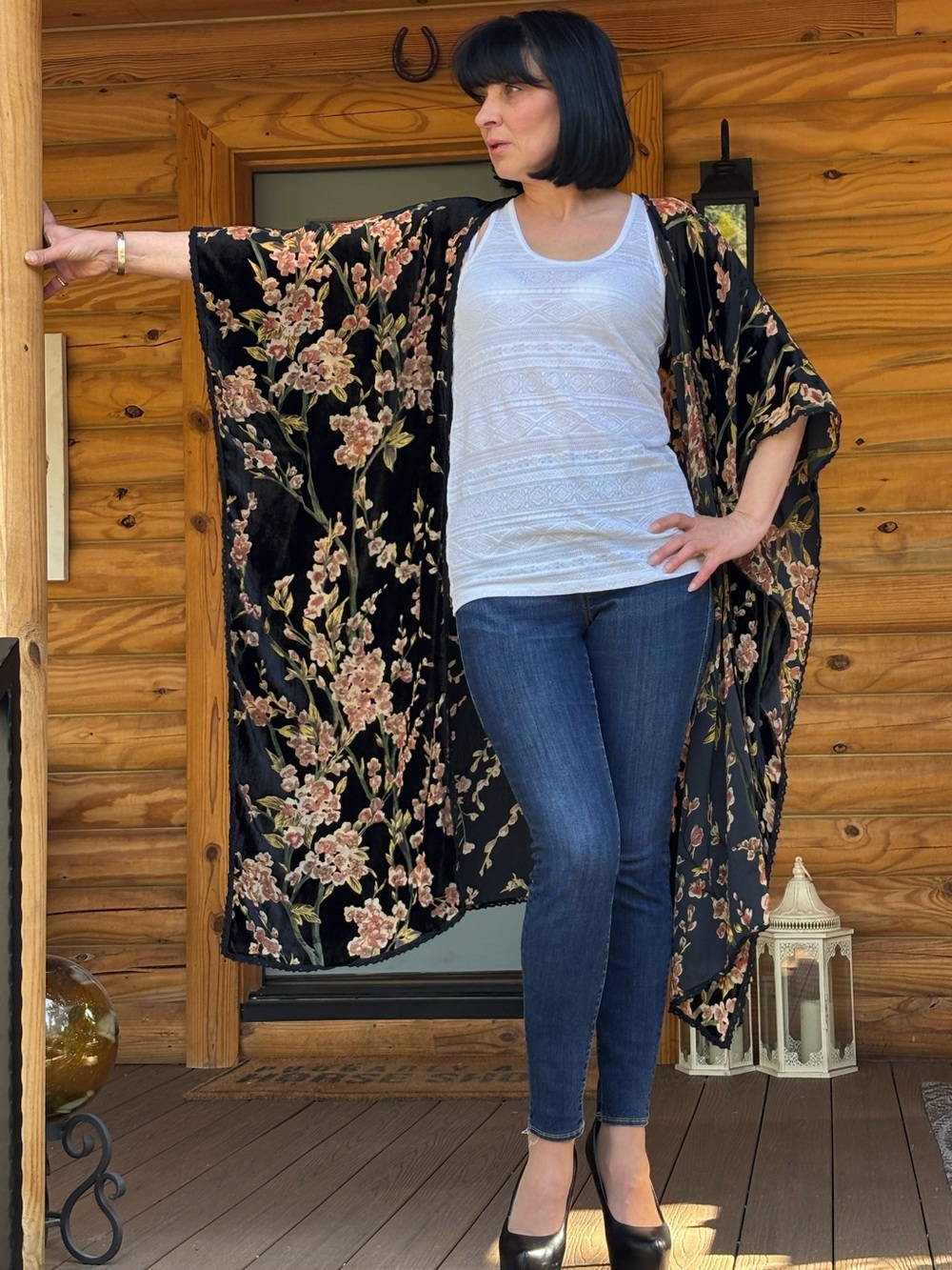 Black Floral Velvet burnout Kimono Wrap